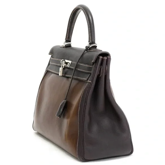 AUTHENTIC KELLY 35 RARE 2 tone brown Amazonia calfskin satchel bag - Picture 3 of 16